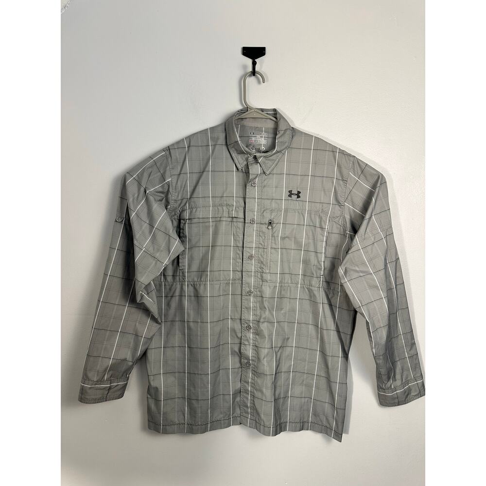 Under Armour Fish Hunter Performance Shirt XL Gray Plaid Button Up Long Sleeve